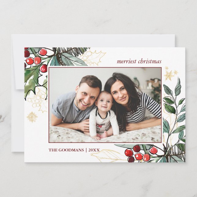 Carte Holly Berries Outdoor Christmas photo Holiday (Devant)