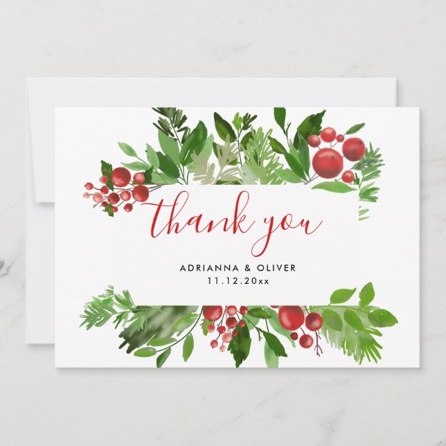 Carte Holly Red Berry Noël Mariage moderne Merci (Devant)