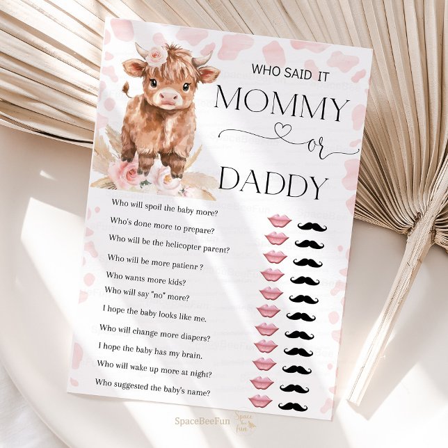 Carte Holy Cow jeux maman ou papa fille baby shower (Highland Cow Holy Cow baby shower girl)