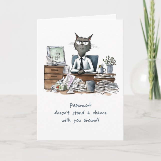 Carte Homme Volontaire Merci drôle Chat au bureau papier (Devant)