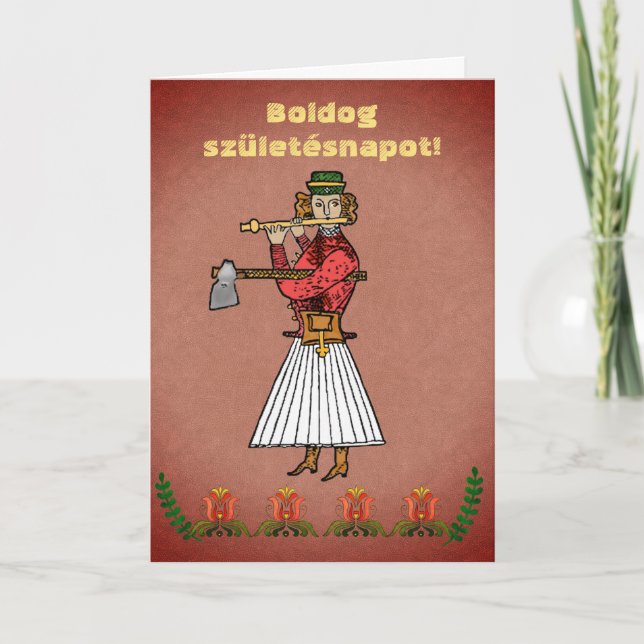Carte Hongrois Art populaire Woodsman Joyeux anniversair (Devant)