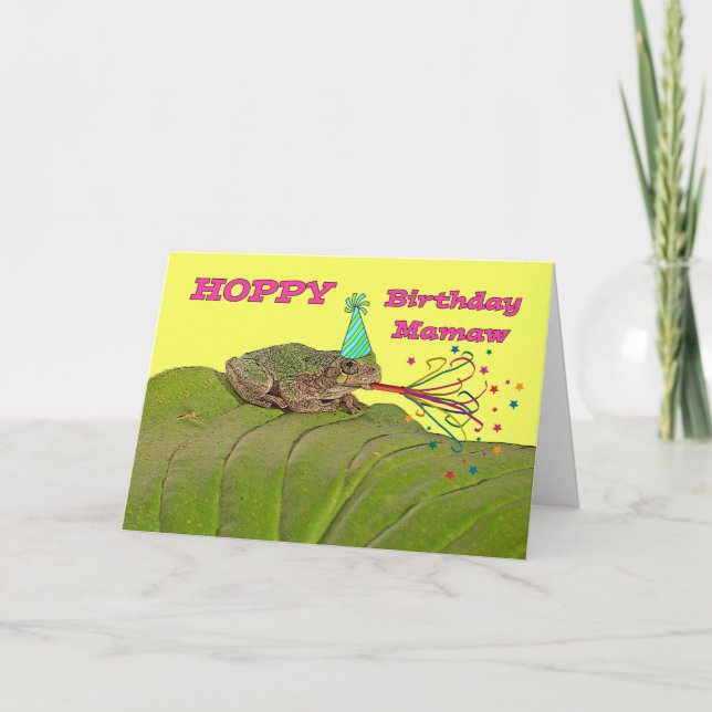 Carte Hoppy Birthday pour Mamaw, Party Frog avec Casquet (Devant)