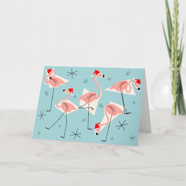 Carte horizontale Flamant rose Santas bleu (Devant)
