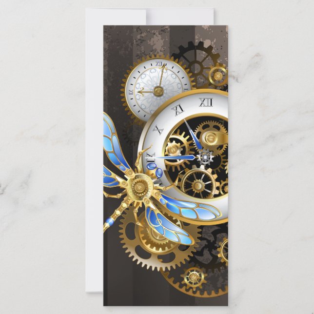 Carte Horloge à vapeur avec libellule mécanique (Devant)
