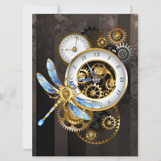 Carte Horloge à vapeur avec libellule mécanique (Devant)