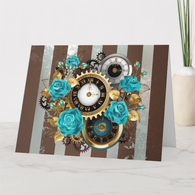 Carte Horloge à vapeur et Roses turquoise sur rayures (Devant)
