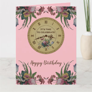 Carte Horloge vintage aux fleurs Fête d'anniversaire