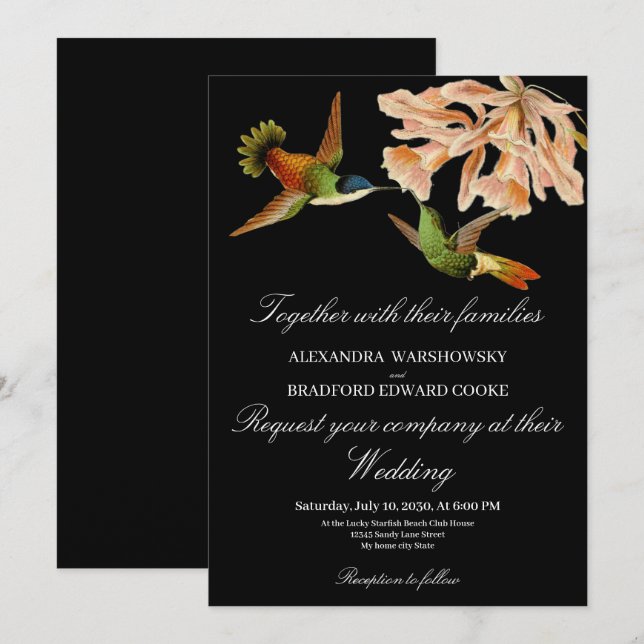 Carte Hummingbird Lily Aquarelle noir blanc Mariage (Devant / Derrière)
