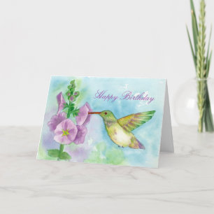 Carte Hummingbird Pink Hollyhock Flowers Joyeux annivers