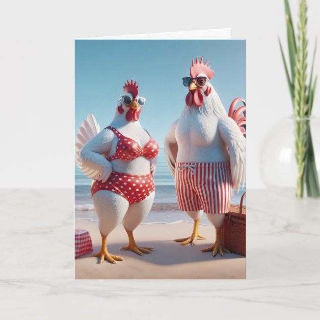 Carte Humour d'anniversaire Poulets sur la plage (Devant)