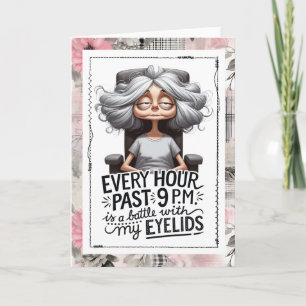Carte Humour de vieille dame grincheuse après une longue