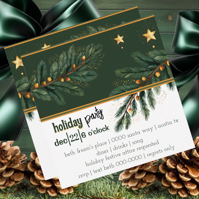 Carte Hunter Green Holiday Pine et Gold Stars Party (Festive Holiday Party invitation with holiday tree branches and gold Christmas stars )