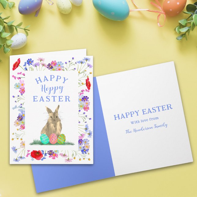 Carte Huppée Pâques mignonne lapin et oeufs Boho Floral (Personalized happy hoppy Easter cute bunny watercolor wildflower spring floral folded holiday card)