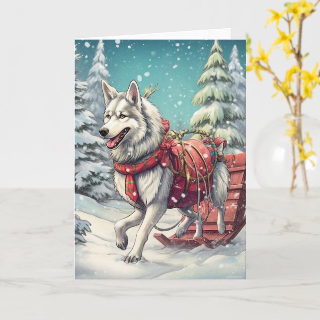 Carte Husky de Sibérie Tirant un Traîneau (Fleur jaune)