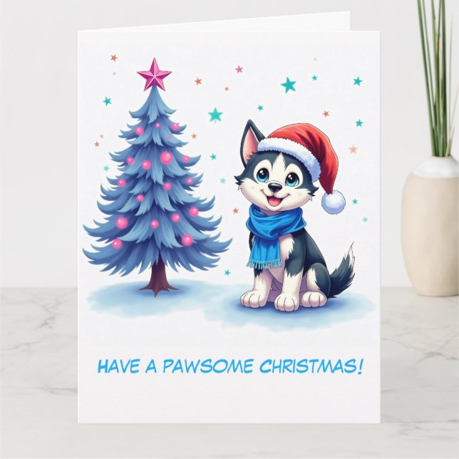 Carte Husky et sapin de Noël illustrés (Devant)