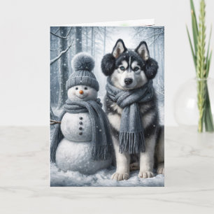 Carte Husky Sibérien avec un bonhomme de neige