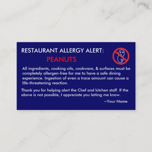 Carte ICE pour le restaurant de l'allergie aux ara (Devant)