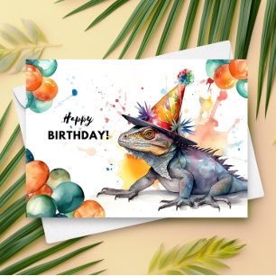 Carte Iguana avec ballons et Casquette de fête Joyeux an
