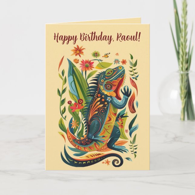 Carte Iguane de fête d'anniversaire en art folklorique m (Devant)