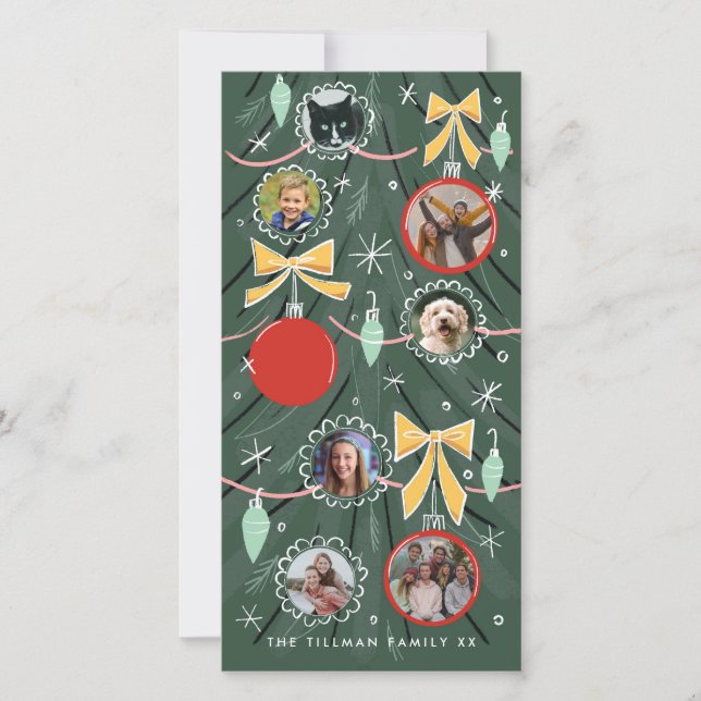 Carte Illustrated Christmas Tree Photo Ornaments Holiday (Devant)