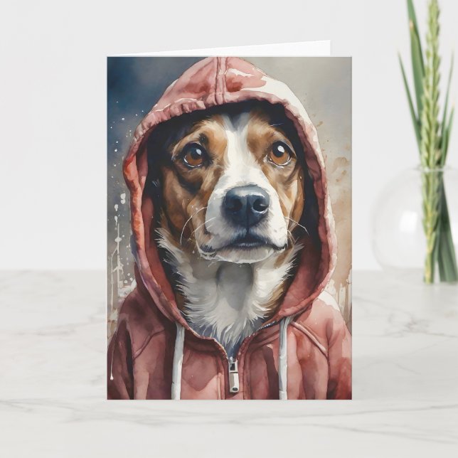 Carte Illustration aquarelle Chien brun et blanc en capu (Devant)