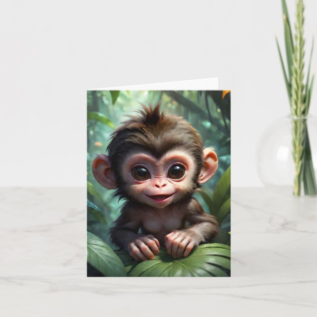 Carte Illustration de bébé singe mignon dans la jungle f (Devant)