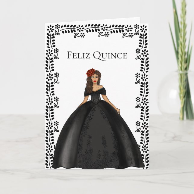Carte Illustration de mode de Quinceañera en noir (Devant)