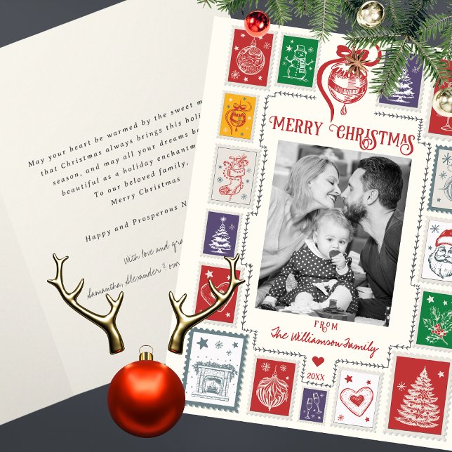 Carte Illustration de Noël par timbre rétro (Whimsical Retro Stamp Christmas Illustration Photo Holiday Greeting Card)