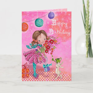 Carte Illustration de petite fille d'anniversaire   Cart