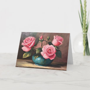 Carte Illustration de roses roses dans un vase bleu natu