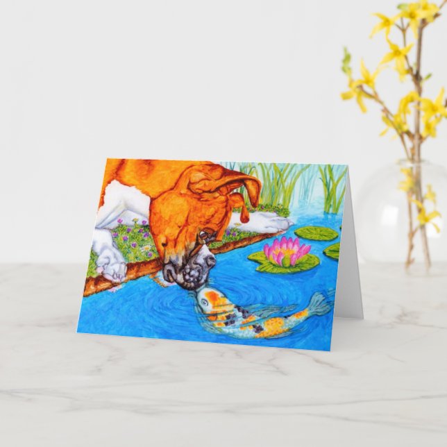 Carte Illustration du chien de boxe Koi Kiss (Fleur jaune)