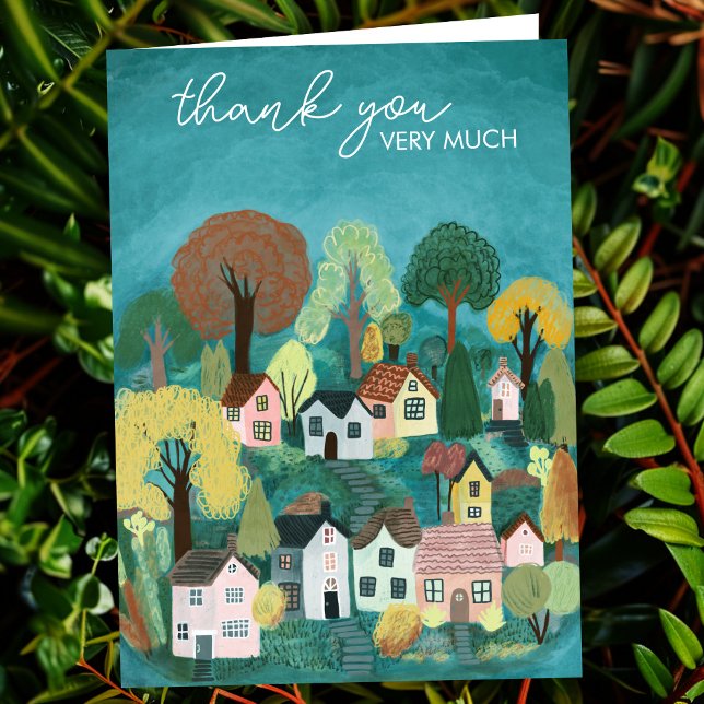 Carte Illustration du village de Merci Cute Country (THANK YOU Cute Country Village Illustration painting Custom blank Card
)