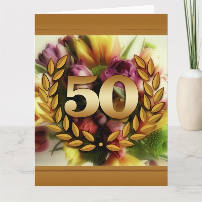 Carte illustration florale cadre doré 50e anniversaire (Devant)