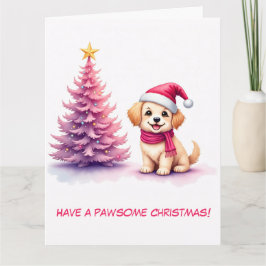 Carte Illustration Golden Retriever in Pink Santa Hat