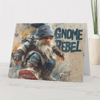Carte illustration graphique de gnome rebelle en skatebo