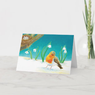 Carte Illustration Red Robin Bird & Spring Snowdrops