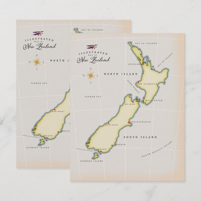 Carte illustrée de la Nouvelle-Zélande (Devant / Derrière)