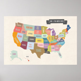 Carte illustrée de l'Amérique Poster mural 24 x 36