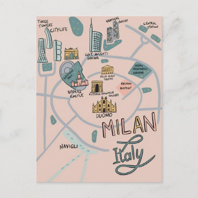 Carte illustrée de Milan City - Italie (Devant)