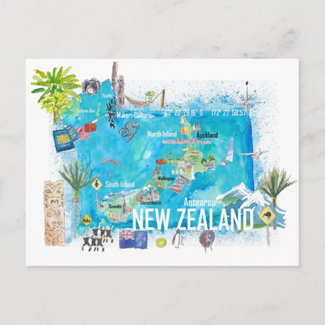 Carte illustrée de voyage de Nouvelle-Zélande (Devant)