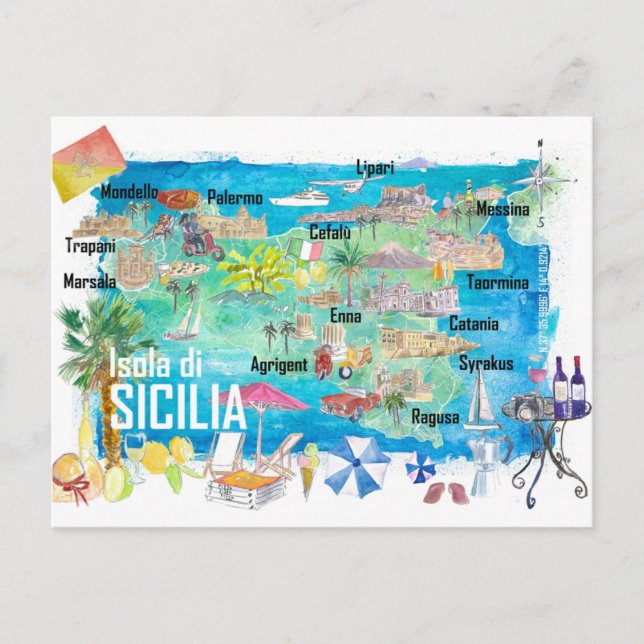 Carte illustrée de voyage de Sicile Italie  (Devant)
