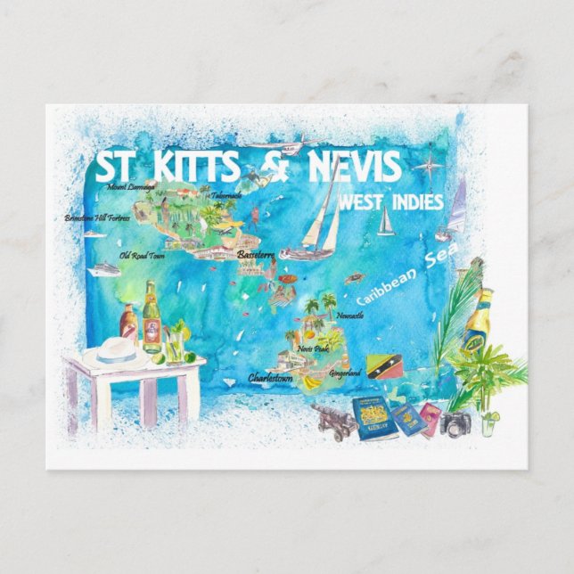 Carte illustrée des Antilles de Saint-Kitts-et-Nev (Devant)