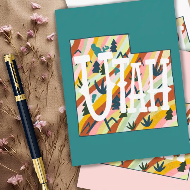 Carte illustrée Utah (Cute map of Utah decorates this colorful postcard, choose your favorite shade or add your own color.)