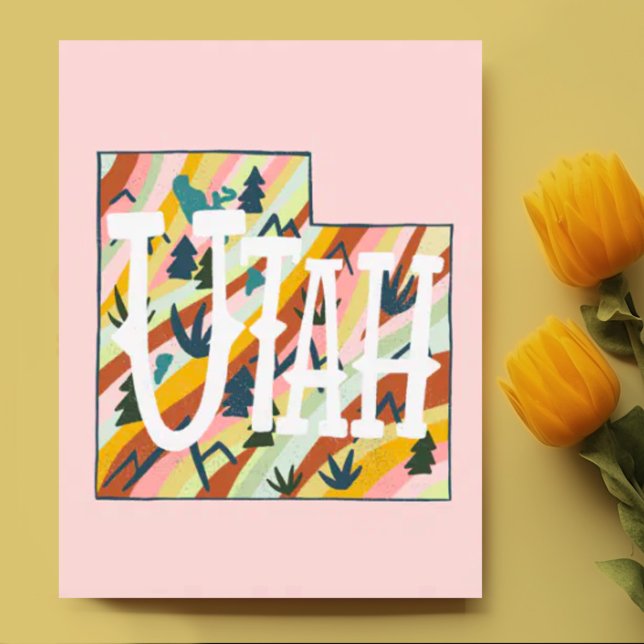 Carte illustrée Utah (Utah illustrated map custom postcard in pink )