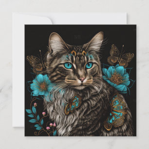 Carte Imaginaire chat avec fleurs et papillons IA art