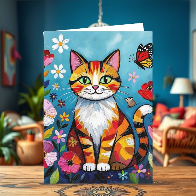 Carte Impasto Cat, Flowers & Butterfly Birthday (Créateur téléchargé)