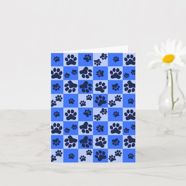 Carte Impression de patte de chien bleu à carreaux (Petite plante)