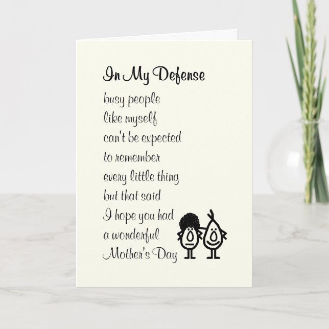 Carte In My Defense - un drôle de poème de fête des mère (Devant)