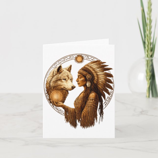 Carte Indian Native American Woman With White Wolf Vinta (Devant)