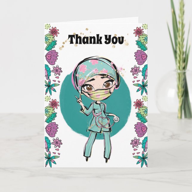 Carte Infirmière merci illustration chirurgien fleurs pa (Devant)
